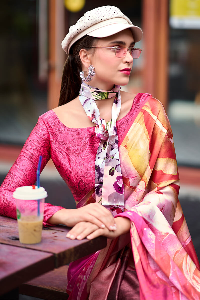 Blooming Dark Pink Digital Printed Satin Silk Saree With Hypnotic Blouse Piece