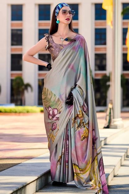 Flamboyant Grey Digital Printed Satin Silk Saree With Twirling Blouse Piece