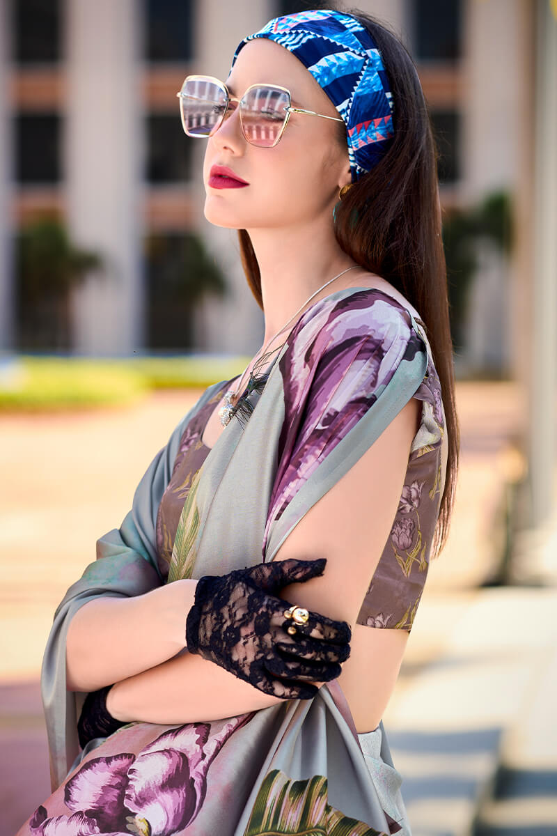 Flamboyant Grey Digital Printed Satin Silk Saree With Twirling Blouse Piece