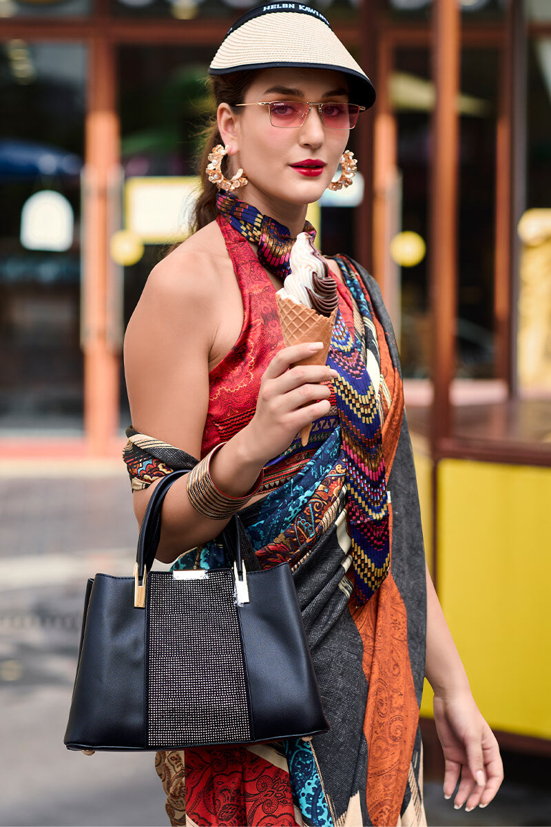 Ideal Beige and Black Digital Printed Satin Silk Saree With Chatoyant Blouse Piece