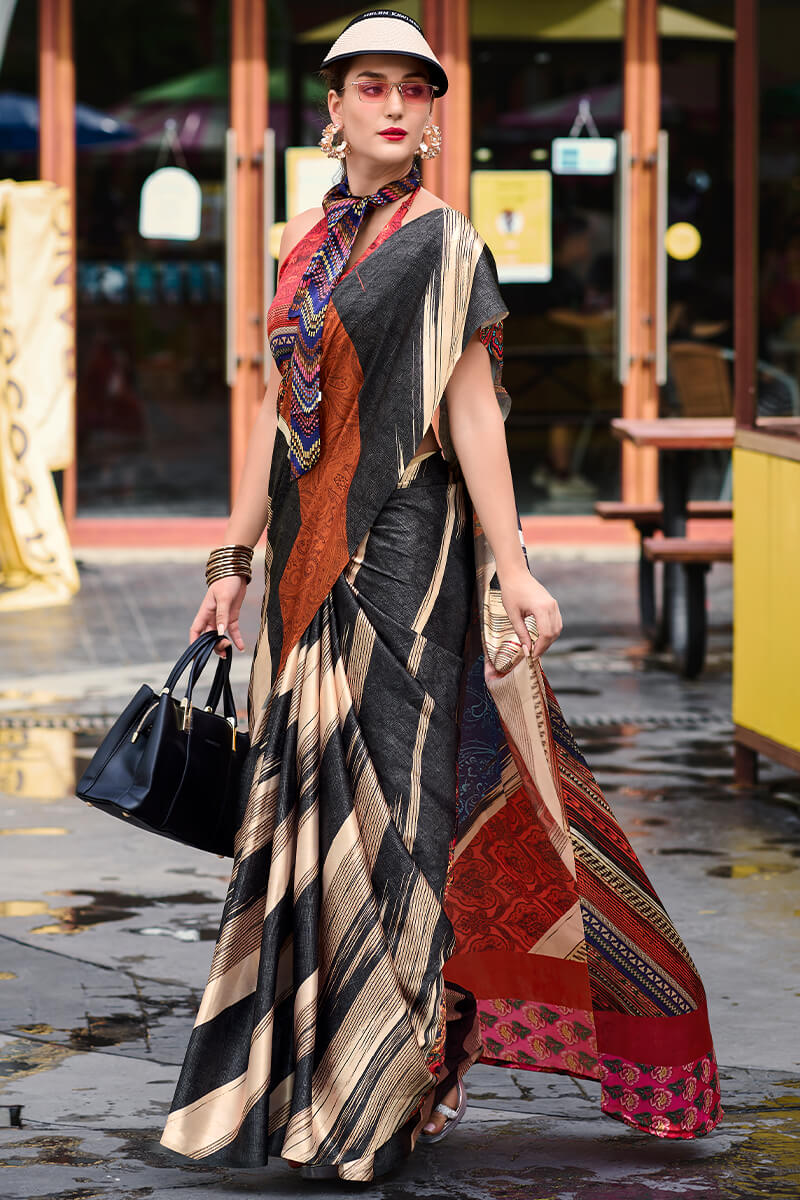 Ideal Beige and Black Digital Printed Satin Silk Saree With Chatoyant Blouse Piece