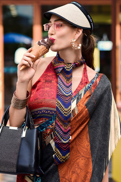 Ideal Beige and Black Digital Printed Satin Silk Saree With Chatoyant Blouse Piece