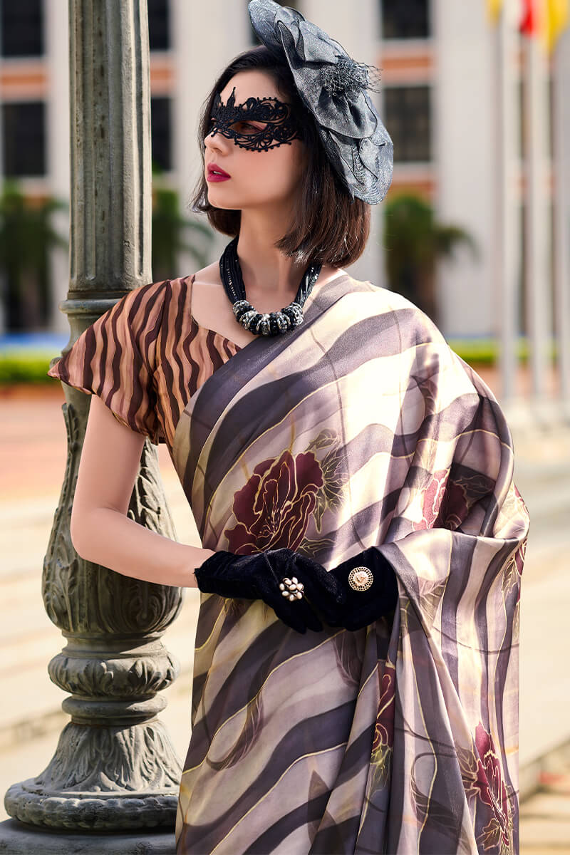 Splendorous Black and Beige Digital Printed Satin Silk Saree With Resplendent Blouse Piece