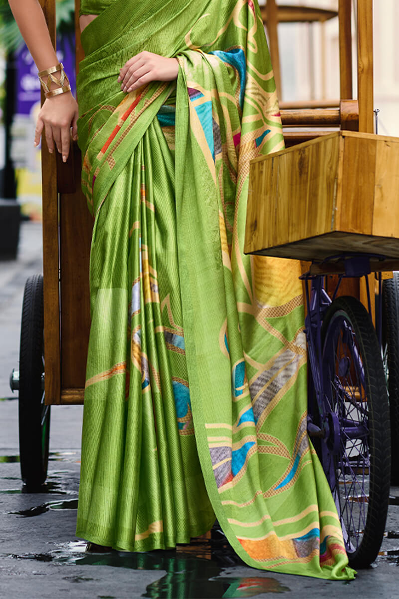 Alluring Mehndi Digital Printed Satin Silk Saree With Rhapsody Blouse Piece