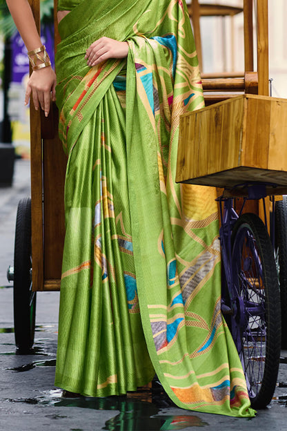 Alluring Mehndi Digital Printed Satin Silk Saree With Rhapsody Blouse Piece