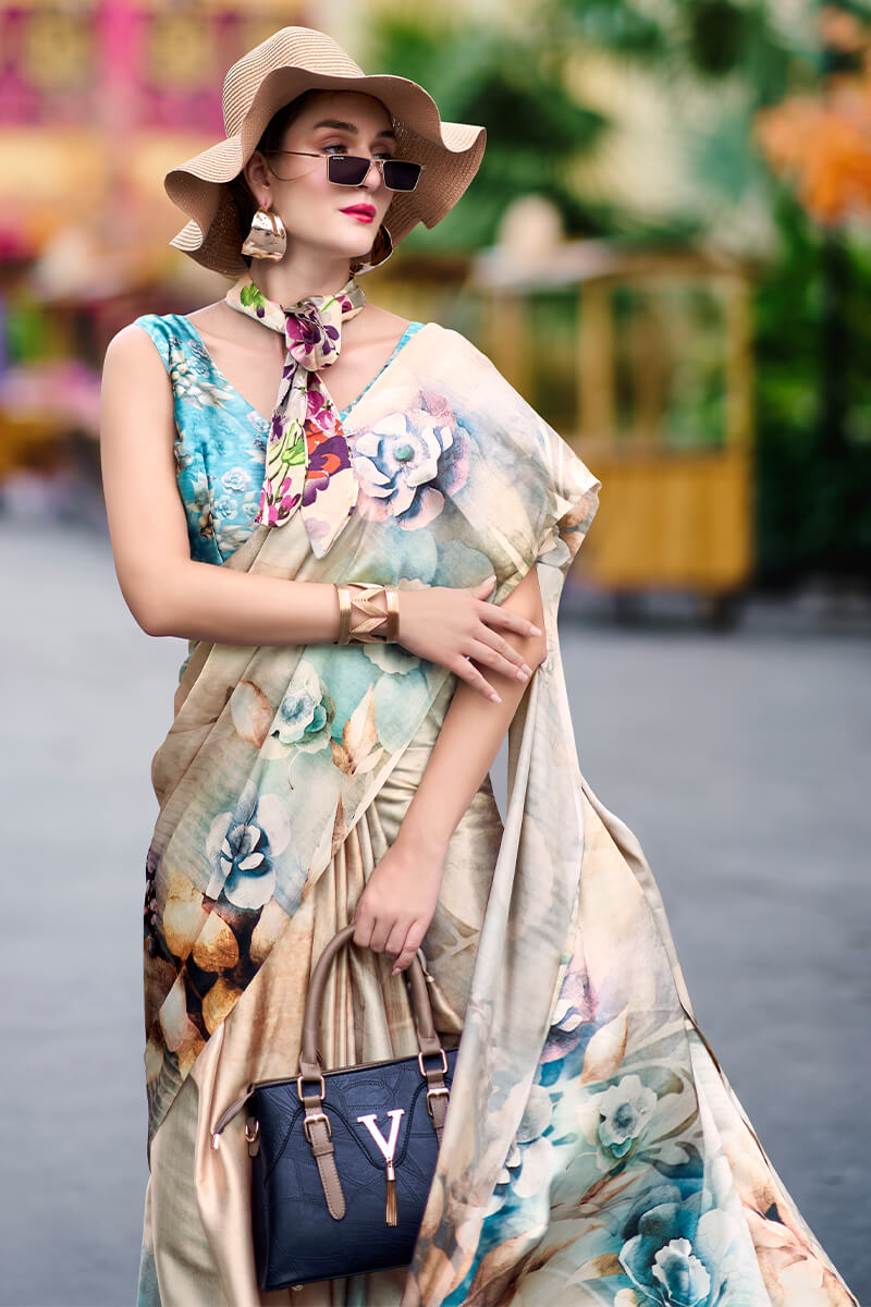 Enamoring Beige Digital Printed Satin Silk Saree With Resonant Blouse Piece