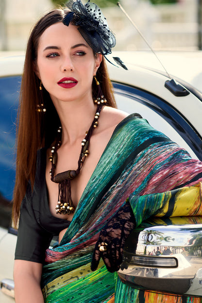 Marvellous Dark Green Digital Printed Satin Silk Saree With Flaunt Blouse Piece