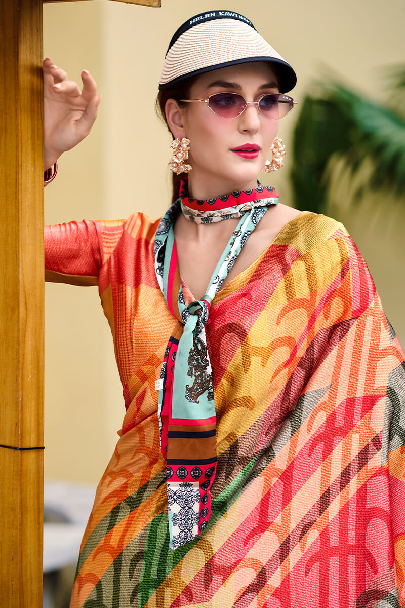 Desiring Multicolor Digital Printed Satin Silk Saree With Desiring Blouse Piece