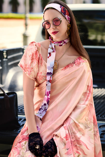 Brood Baby Pink Digital Printed Satin Silk Saree With Dissemble Blouse Piece