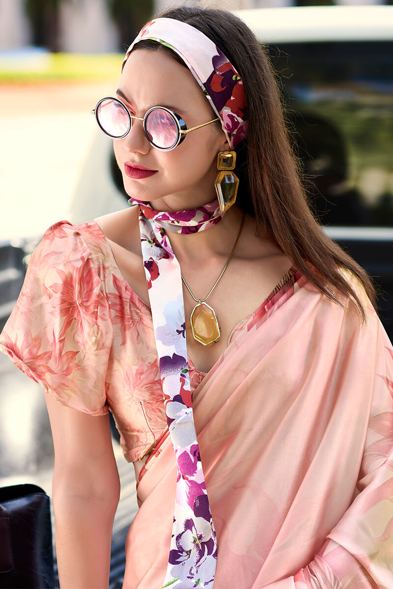 Brood Baby Pink Digital Printed Satin Silk Saree With Dissemble Blouse Piece