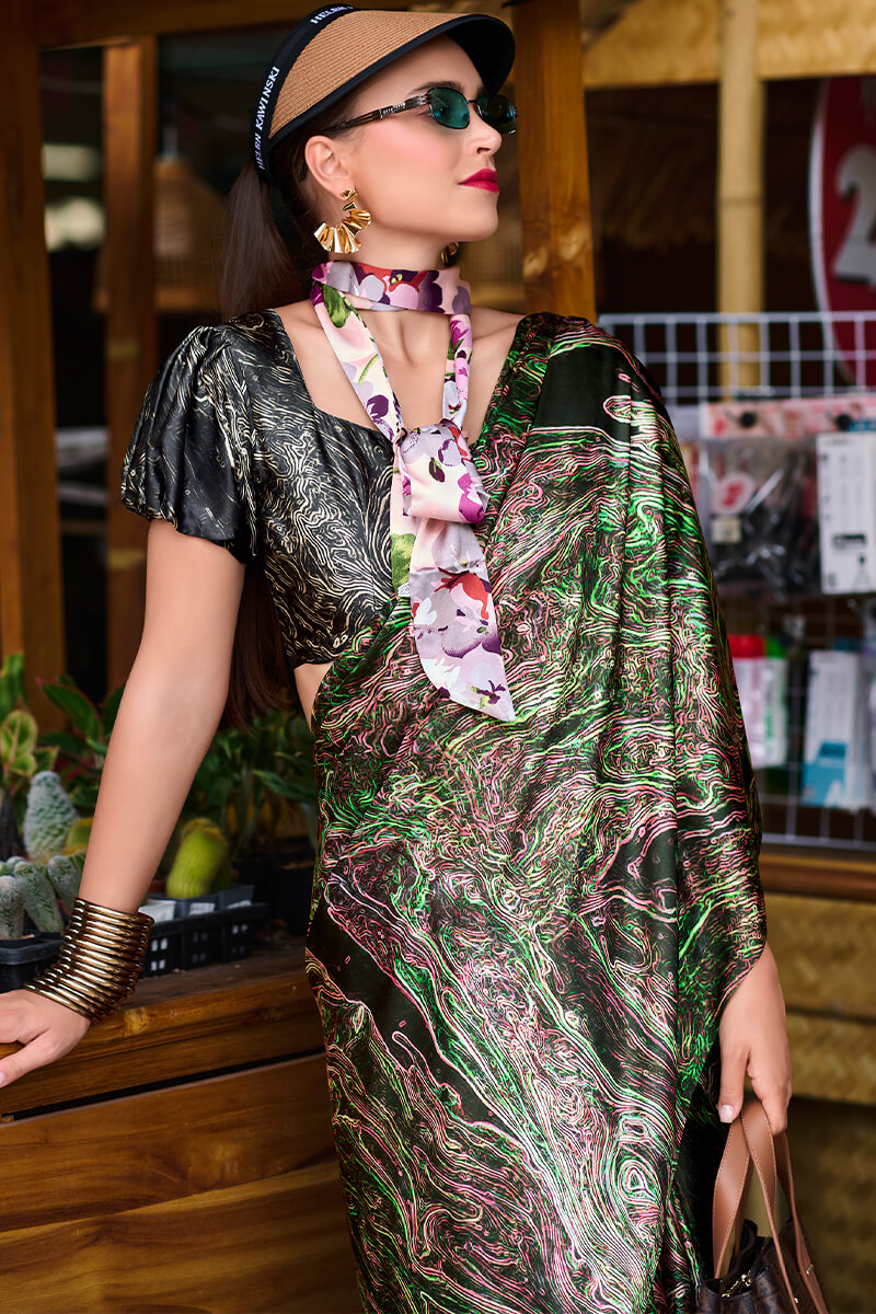 Gossamer Multicolor Digital Printed Satin Silk Saree With Scintilla Blouse Piece