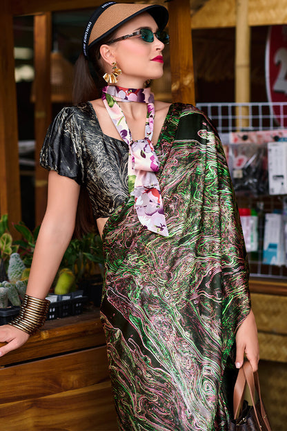 Gossamer Multicolor Digital Printed Satin Silk Saree With Scintilla Blouse Piece