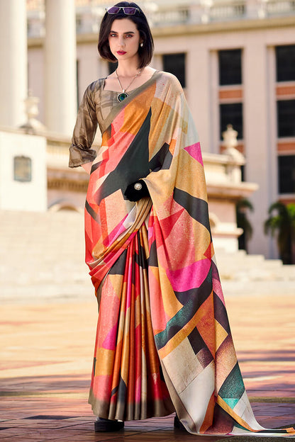 Pleasurable Multicolor Digital Printed Satin Silk Saree With Amiable Blouse Piece