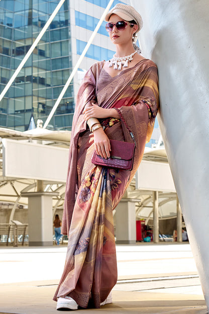 Lovely Brown Digital Printed Soft Silk Saree With Skinny Blouse Piece