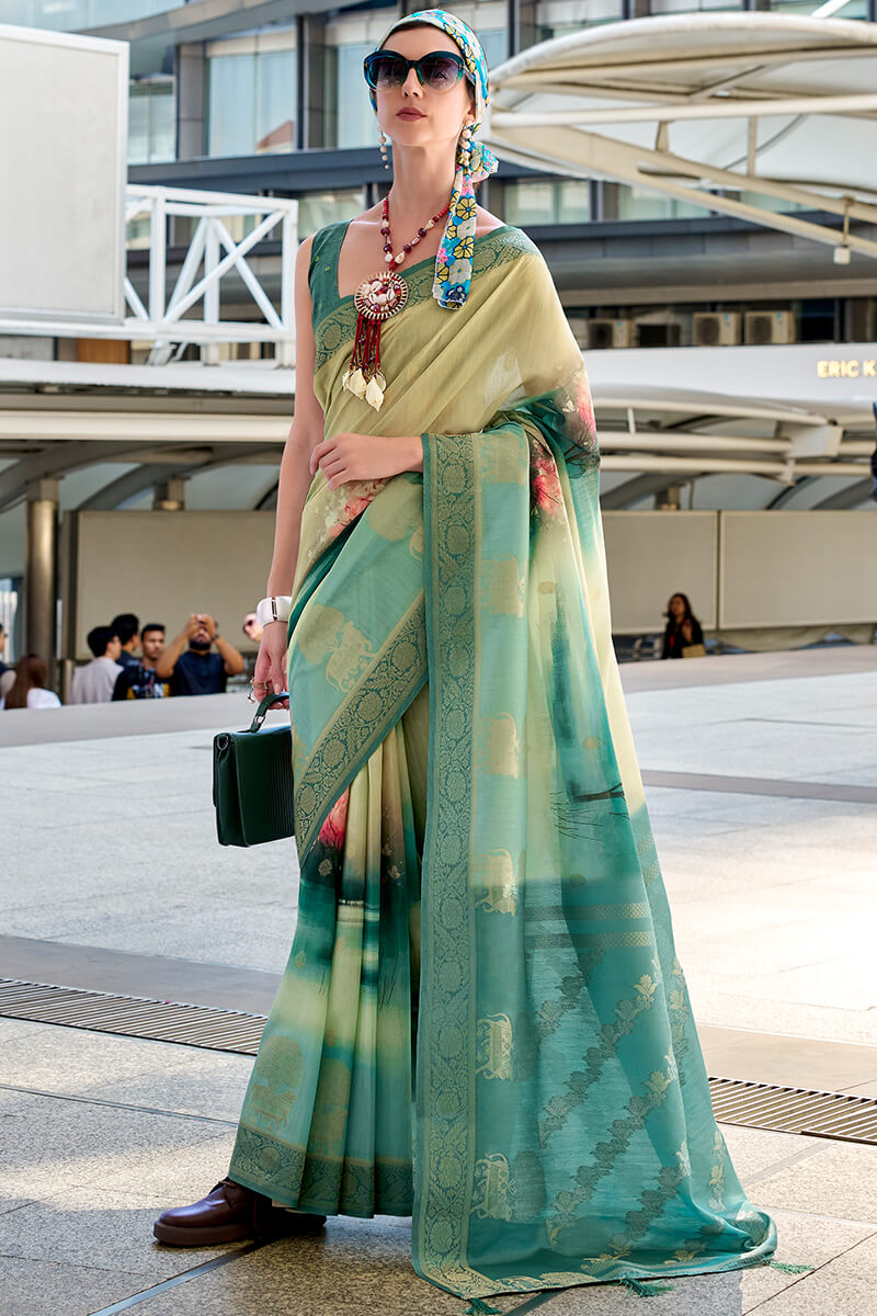 Phenomenal Sea Green Digital Printed Soft Silk Saree With Smart Blouse Piece