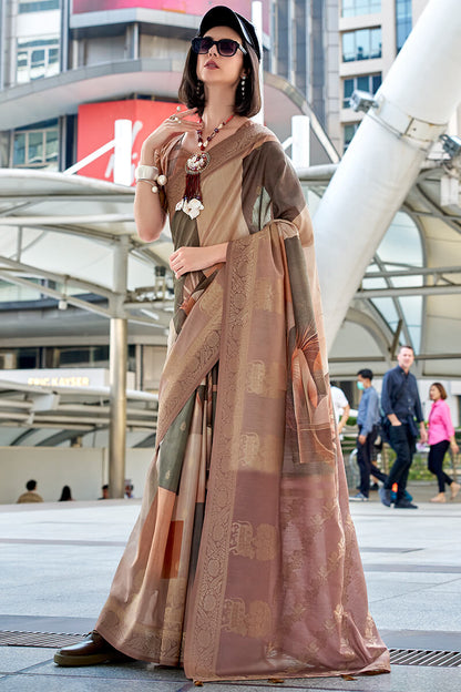Ravishing Brown Digital Printed Soft Silk Saree With Flamboyant Blouse Piece