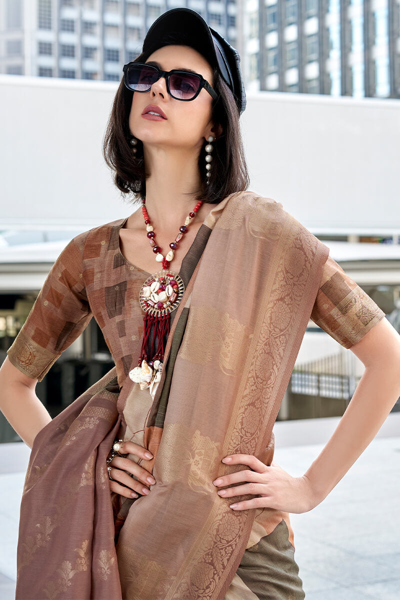 Ravishing Brown Digital Printed Soft Silk Saree With Flamboyant Blouse Piece