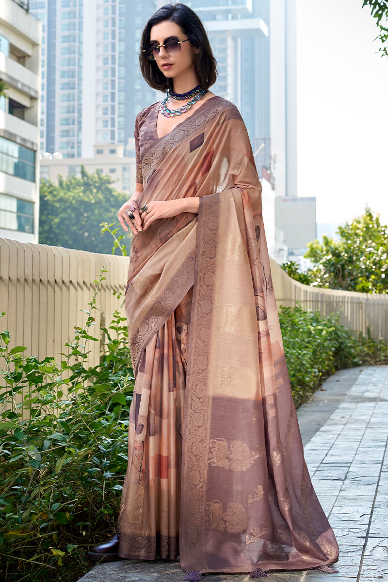 Demure Brown Digital Printed Soft Silk Saree With Forbearance Blouse Piece