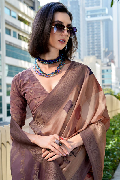 Demure Brown Digital Printed Soft Silk Saree With Forbearance Blouse Piece