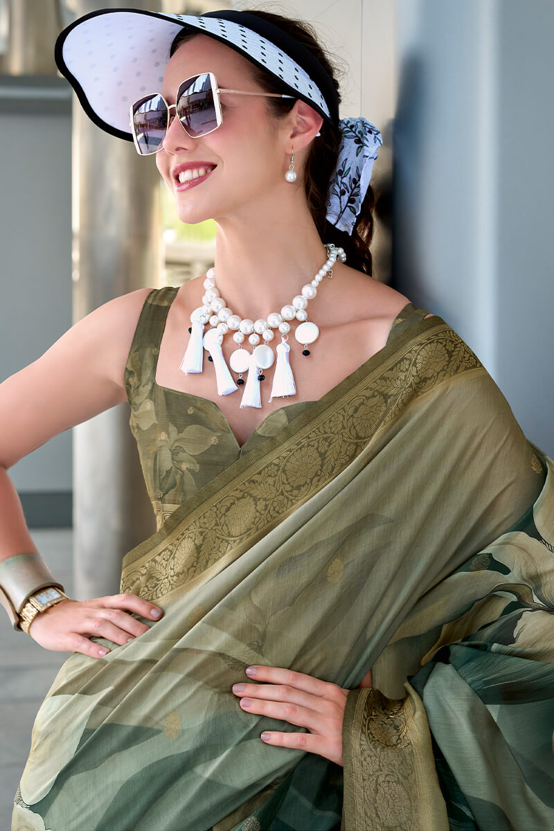 Scintilla Green Digital Printed Soft Silk Saree With Fragrant Blouse Piece