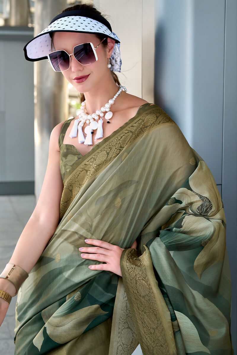 Scintilla Green Digital Printed Soft Silk Saree With Fragrant Blouse Piece