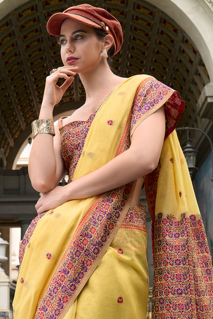 Sempiternal Yellow Cotton Silk Saree With Denouement Blouse Piece