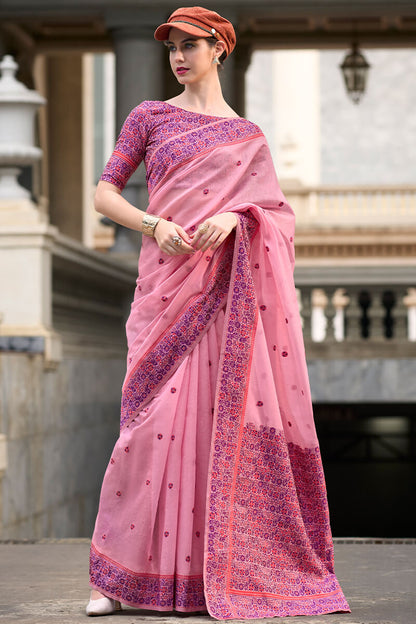 Proficient Pink Cotton Silk Saree With Piquant Blouse Piece