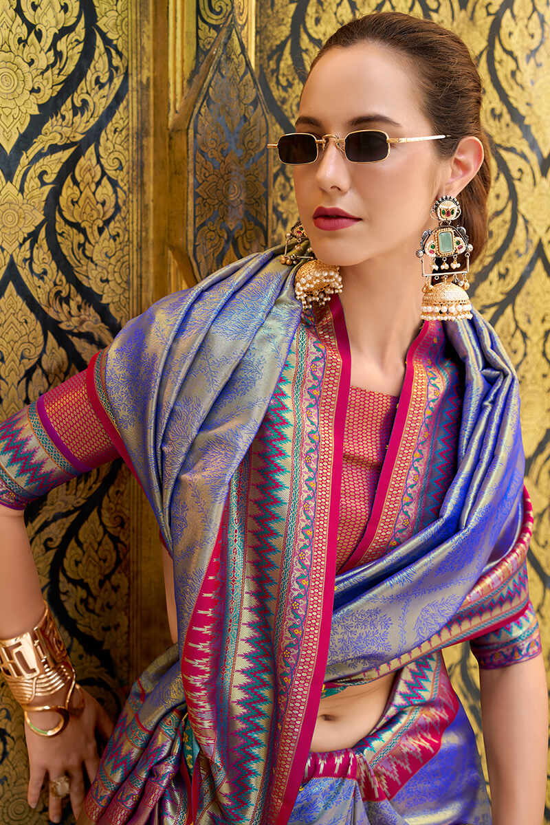 Quixotic Blue Paithani Silk Saree With Lustrous Blouse Piece