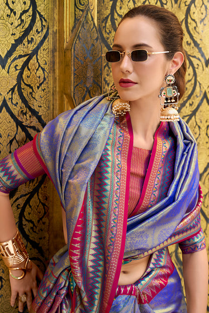 Quixotic Blue Paithani Silk Saree With Lustrous Blouse Piece
