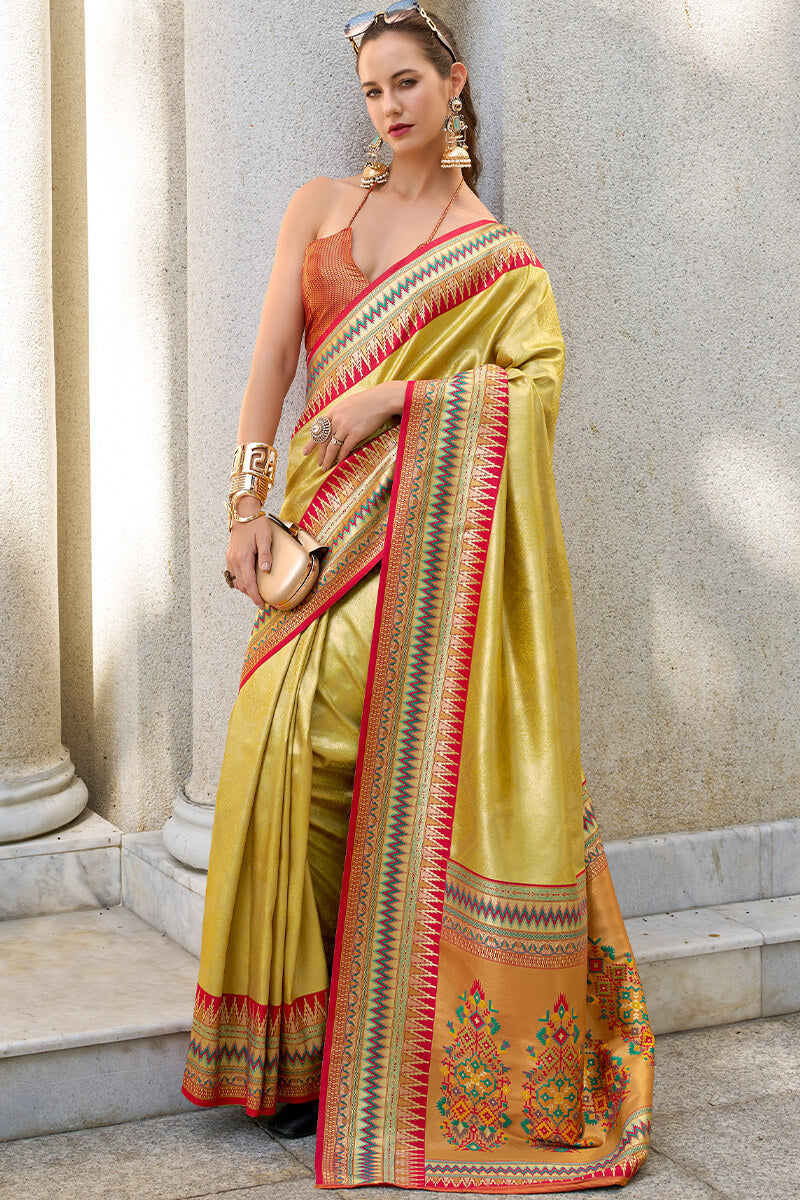 Pulsating Mustard Paithani Silk Saree With Profuse Blouse Piece