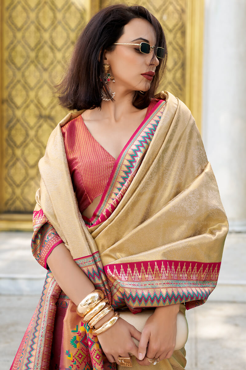 Diaphanous Beige Paithani Silk Saree With Divine Blouse Piece