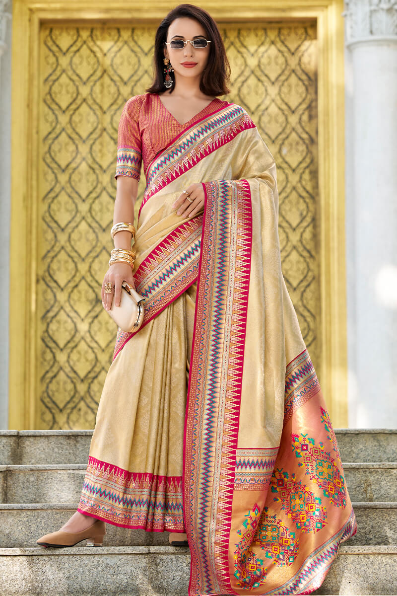 Diaphanous Beige Paithani Silk Saree With Divine Blouse Piece