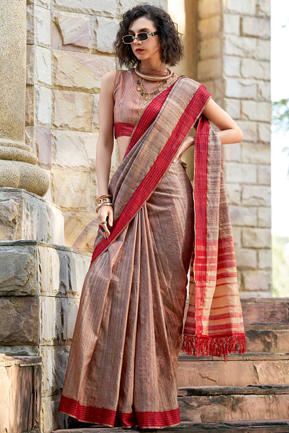 Staring Brown Cotton Silk Saree With Appealing Blouse Piece