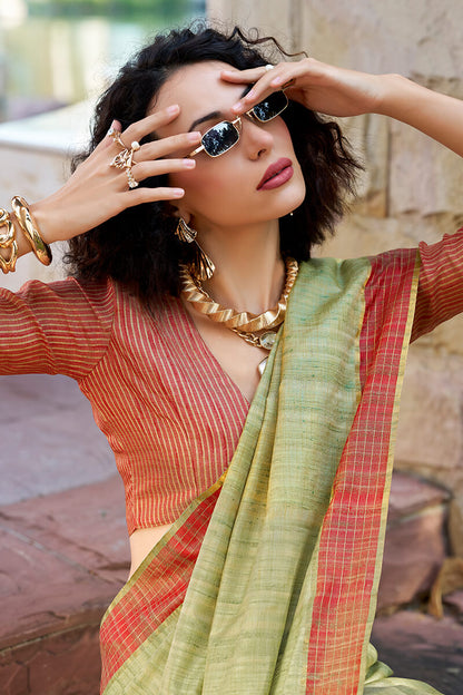 Arresting Pista Cotton Silk Saree With Prominent Blouse Piece