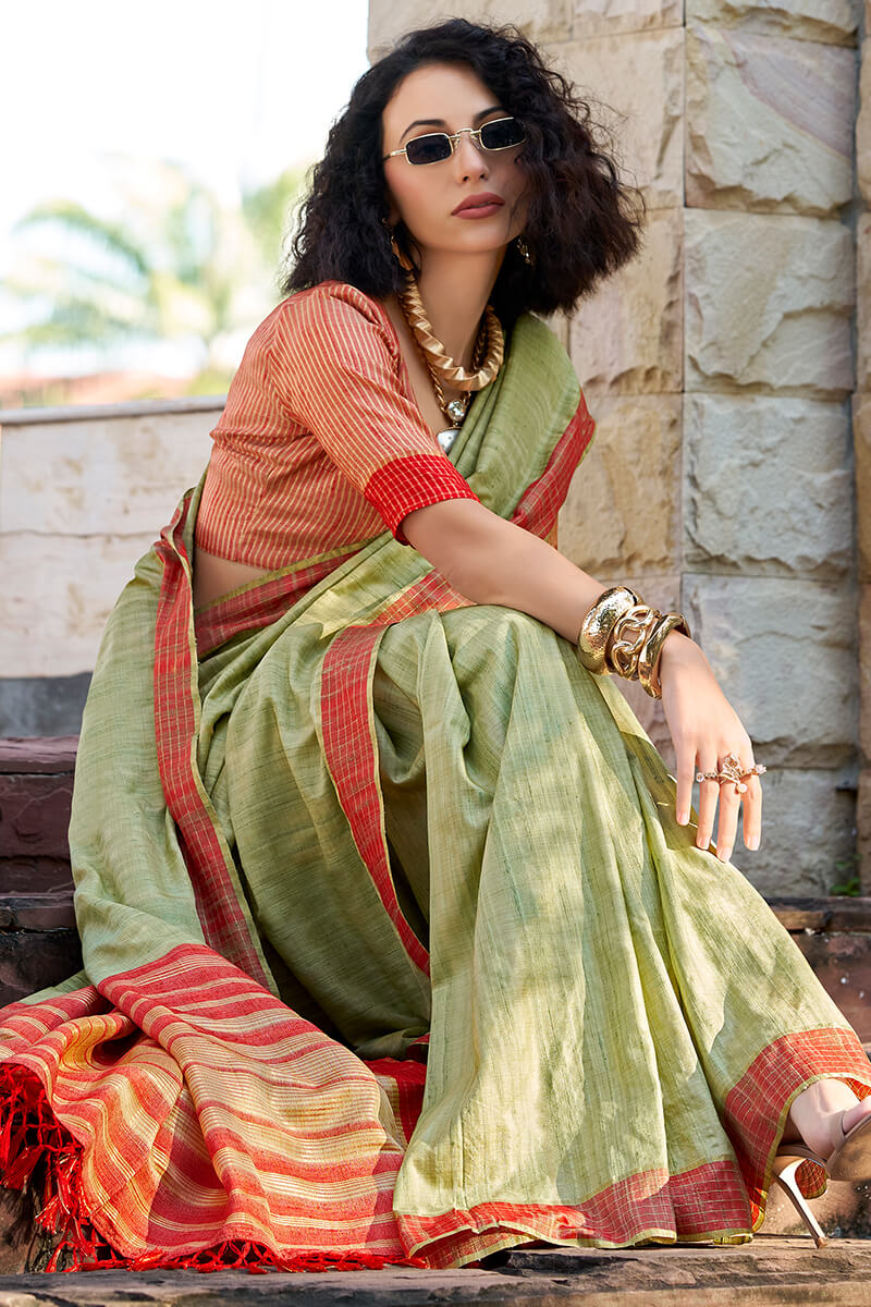 Arresting Pista Cotton Silk Saree With Prominent Blouse Piece