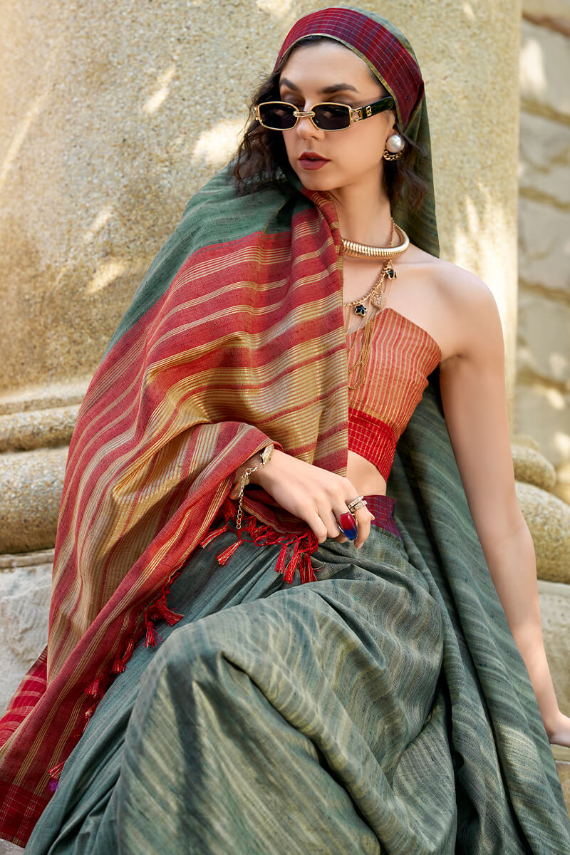 Lagniappe Dark Green Cotton Silk Saree With Vestigial Blouse Piece