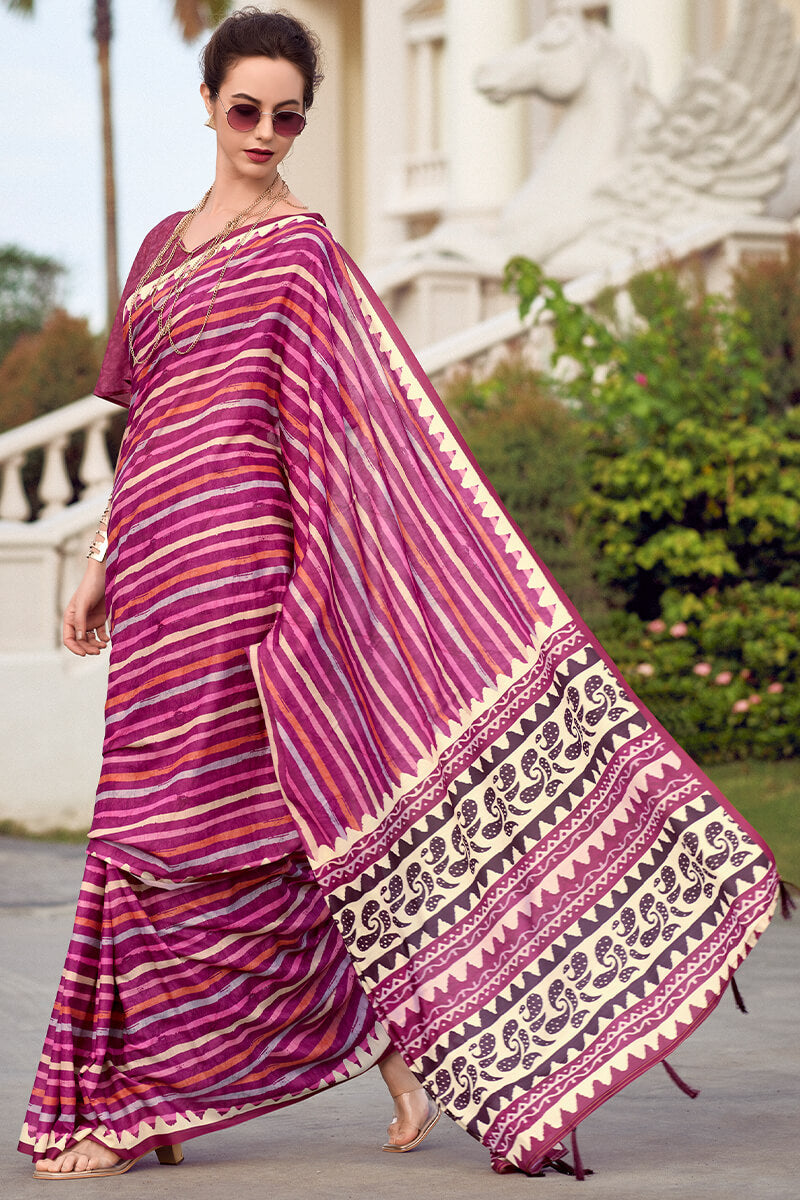 Sonorous Dark Pink Printed Mul Cotton Saree With Verdant Blouse Piece