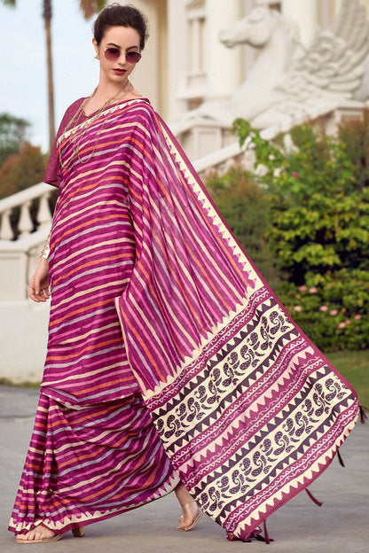 Sonorous Dark Pink Printed Mul Cotton Saree With Verdant Blouse Piece