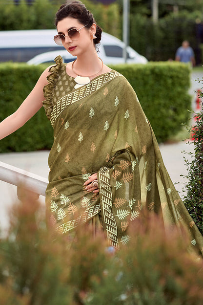 Evanescent Mehndi Printed Mul Cotton Saree With Serendipity Blouse Piece