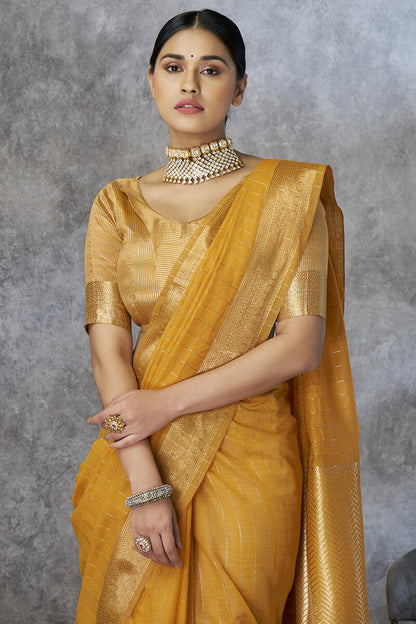 Profuse Mustard Cotton Silk Saree With Panache Blouse Piece