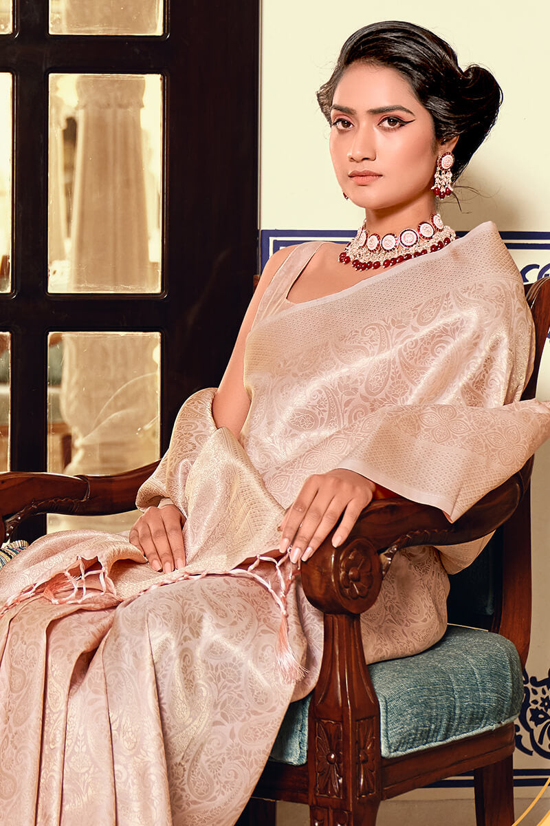 Delectable Beige Kanjivaram Silk Saree With Pleasurable Blouse Piece