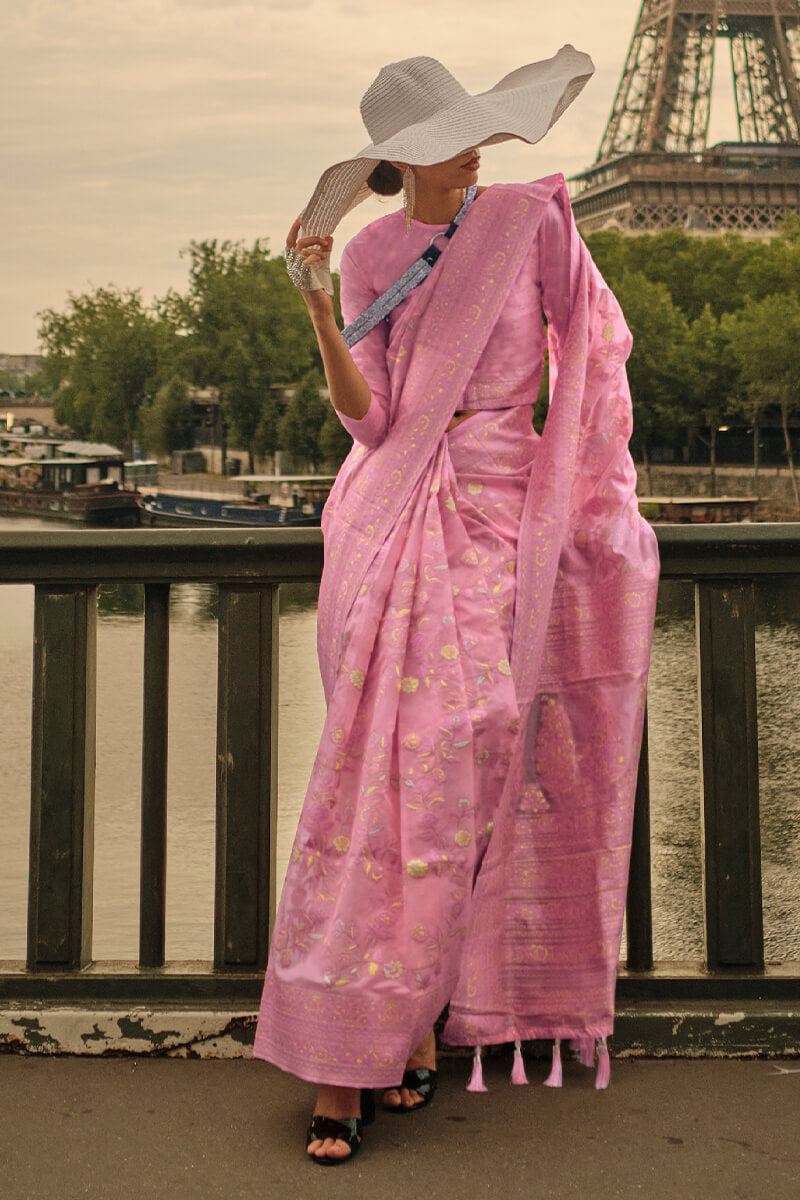 Flameboyant Pink Kashmiri Model Organza Silk Saree With Ideal Blouse Piece