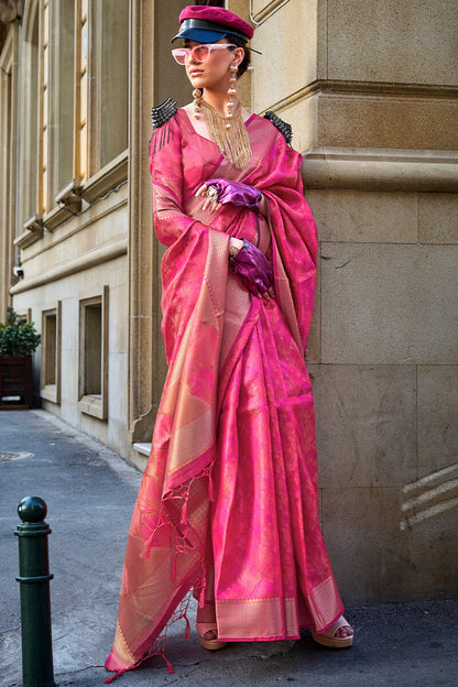 Stylish Dark Pink Organza Silk Saree With Smart Blouse Piece