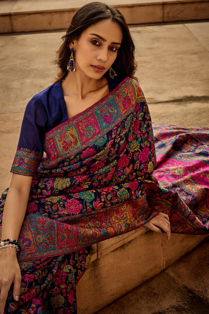 Invaluable Navy Blue Pashmina Saree With Intricate Blouse Piece
