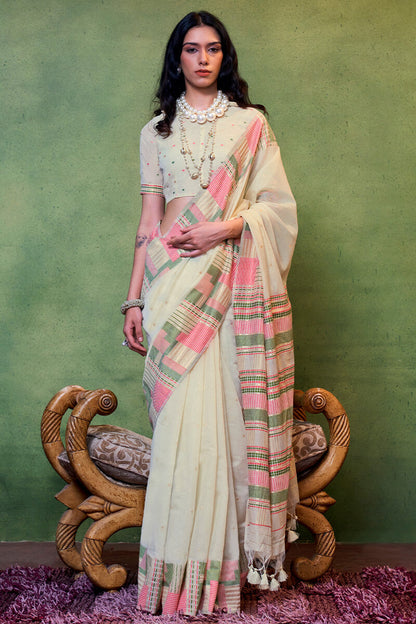 Unique Beige Cotton Silk Saree With Intricate Blouse Piece