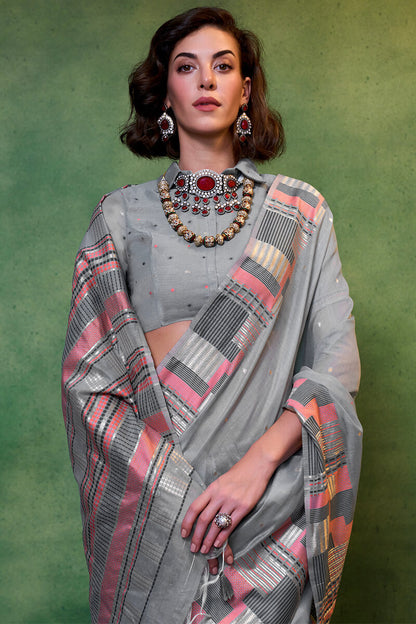 Entrancing Grey Cotton Silk Saree With Adoring Blouse Piece