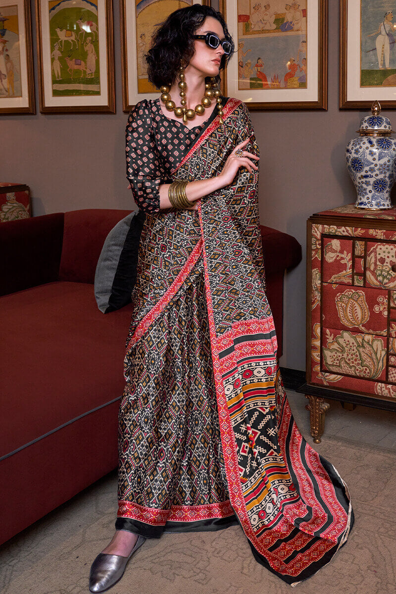 Resplendent Black Digital Printed Satin Silk Saree With Piquant Blouse Piece