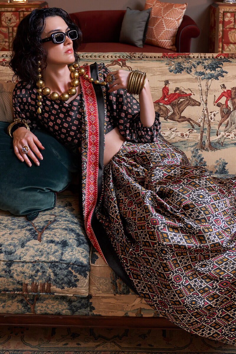 Resplendent Black Digital Printed Satin Silk Saree With Piquant Blouse Piece