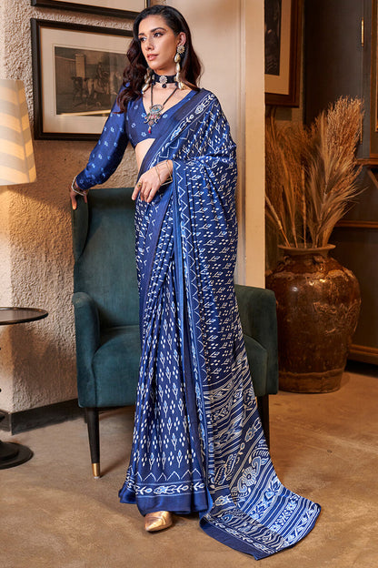 Scrupulous Navy Blue Digital Printed Satin Silk Saree With Lustrous Blouse Piece