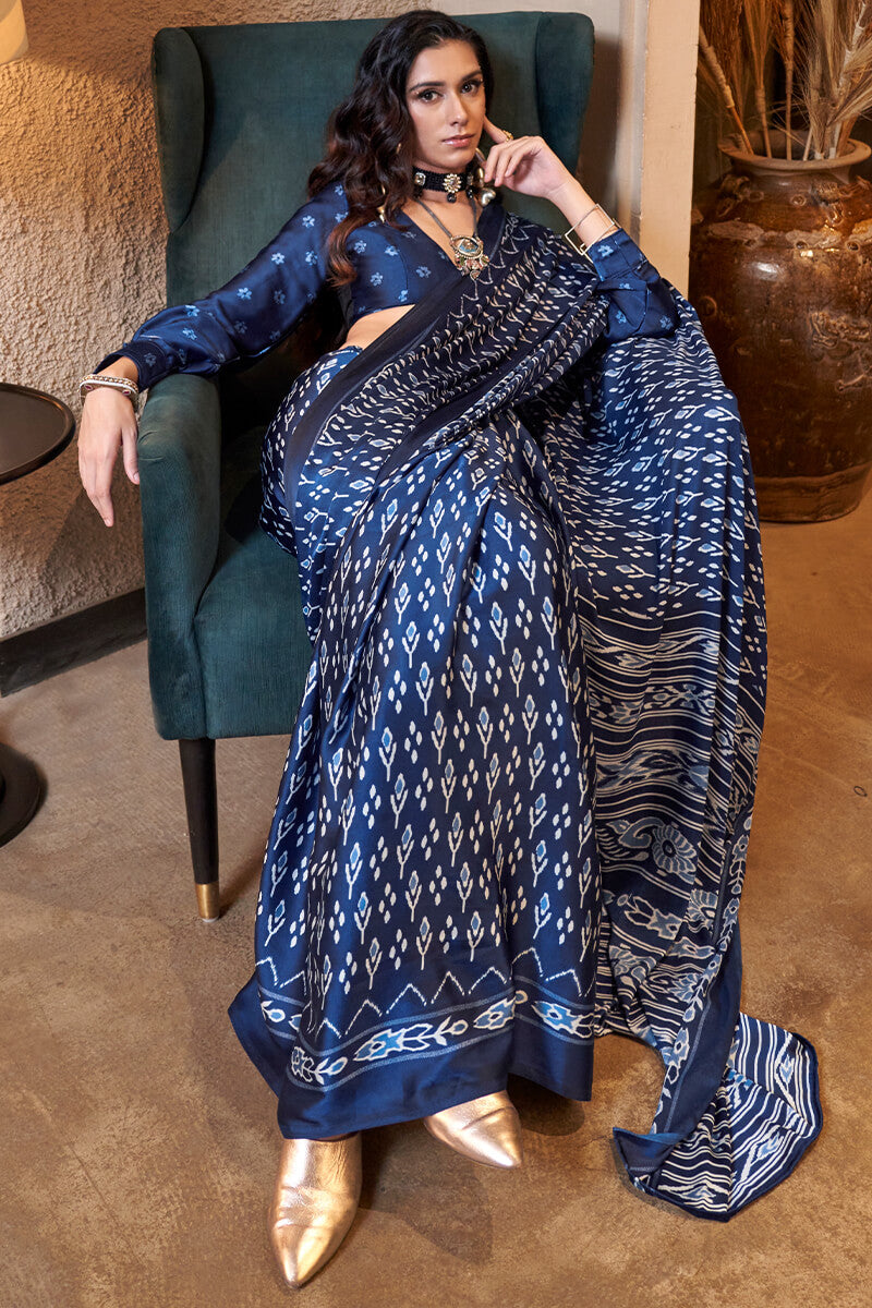 Scrupulous Navy Blue Digital Printed Satin Silk Saree With Lustrous Blouse Piece